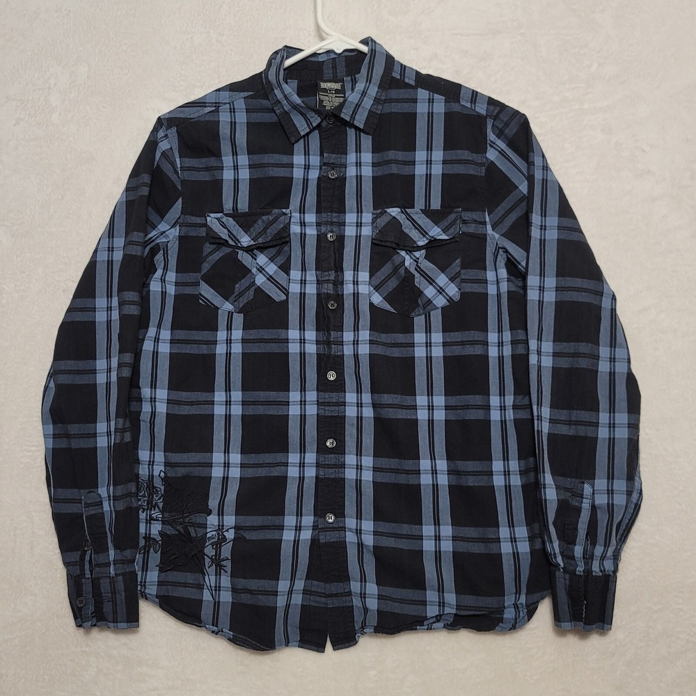 MMA Elite Mens Shirt L Button Down Long Sleeve Plaid Black Blue Embroidered
